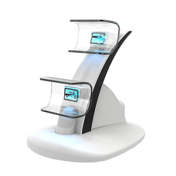 White PS5 controller wireless charging dock with double handle stands and clear slots