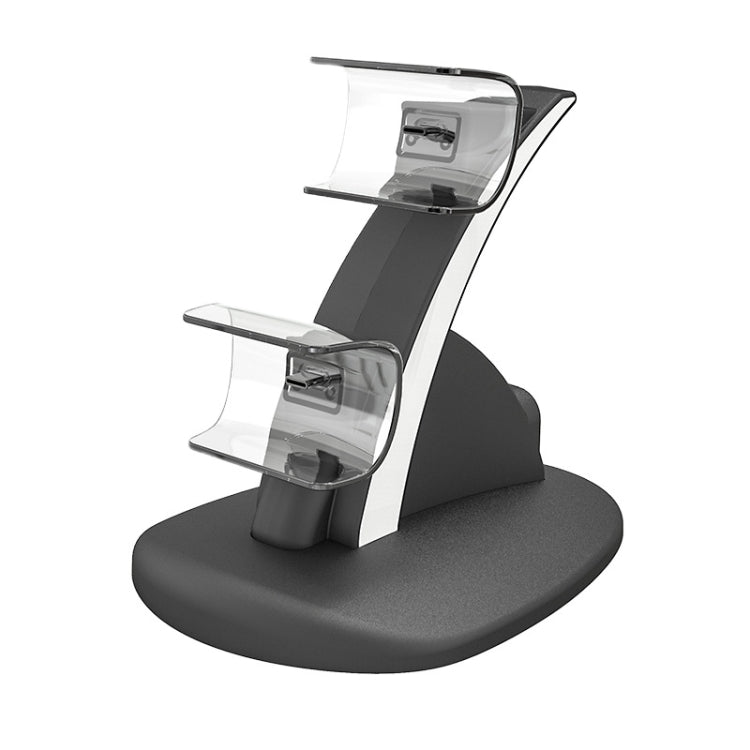 Black PS5 controller charging dock with double handle stands and clear charging windows