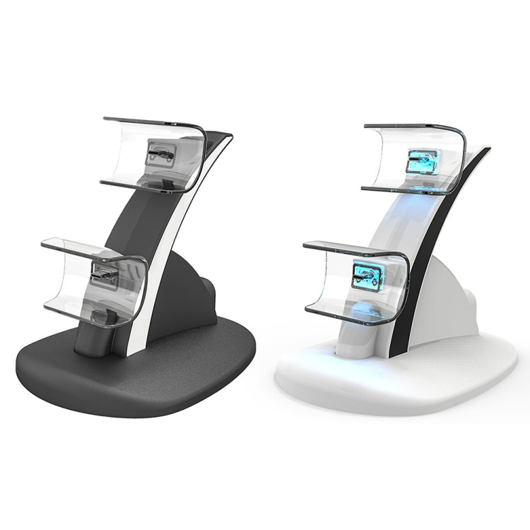 Pair of PS5 controller charging docks showing white and black double-stand design