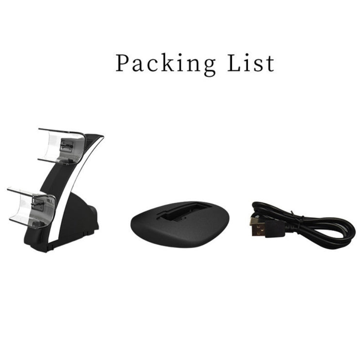 Black PS5 charging dock package contents with dock base and USB charging cable