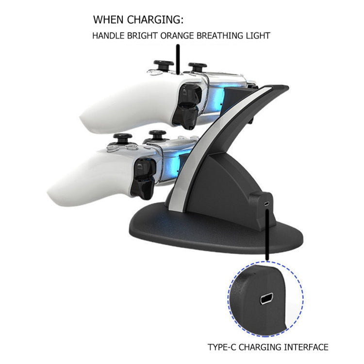 White PS5 charging dock with controllers charging glow and type-C charging port