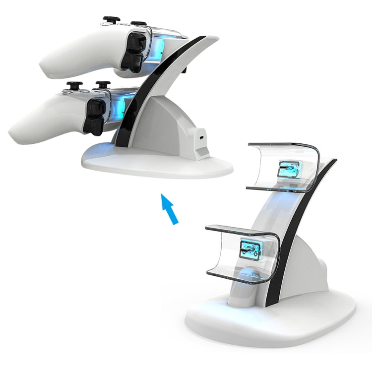 White PS5 controller charging dock with dual controllers and two illuminated charging slots