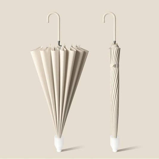 Beige automatic long-handle umbrella set, open with 16 ribs and tip cover