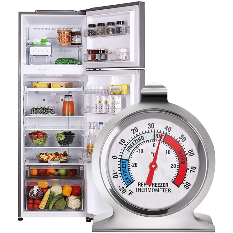 Refrigerator/freezer dial thermometer with stainless steel stand and red pointer