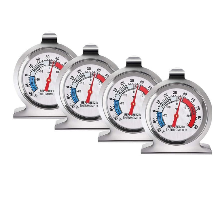 Collection of refrigerator/freezer dial thermometers, stainless steel base, red pointer