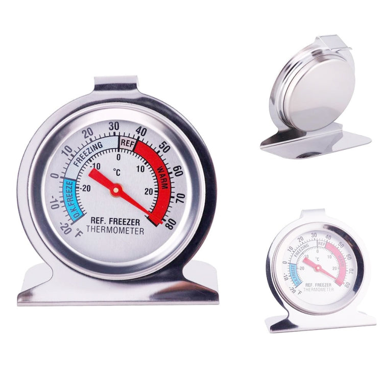 Stainless steel refrigerator/freezer dial thermometer with red pointer and two base feet