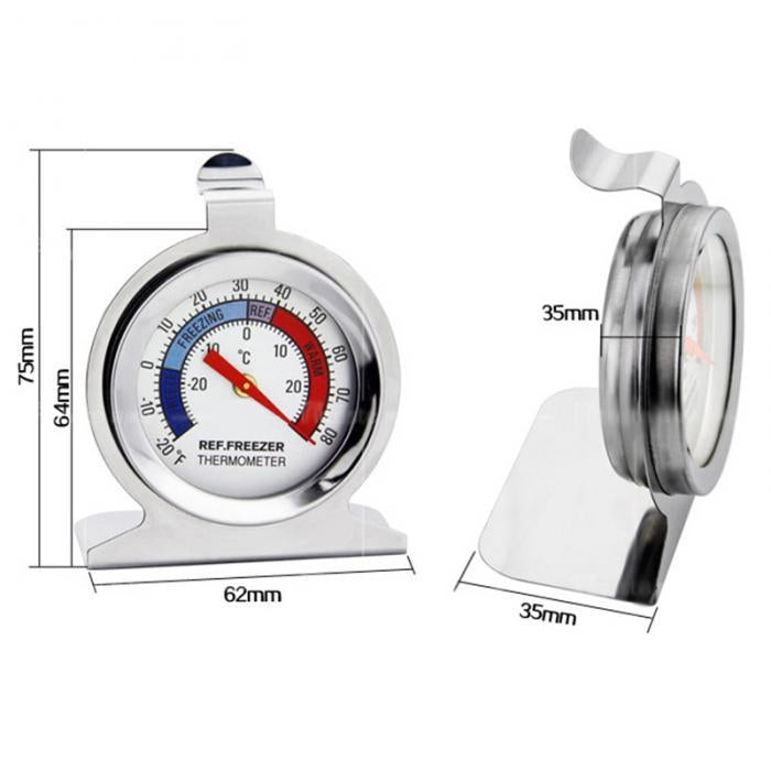 Refrigerator/freezer dial thermometer size diagram, stainless steel body with 62mm base