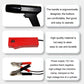 Gun-type timing light with black handle, red power clip, and metal alligator clamps