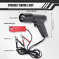 Gun-type timing light kit with black tool, red power clip, and coiled black cable