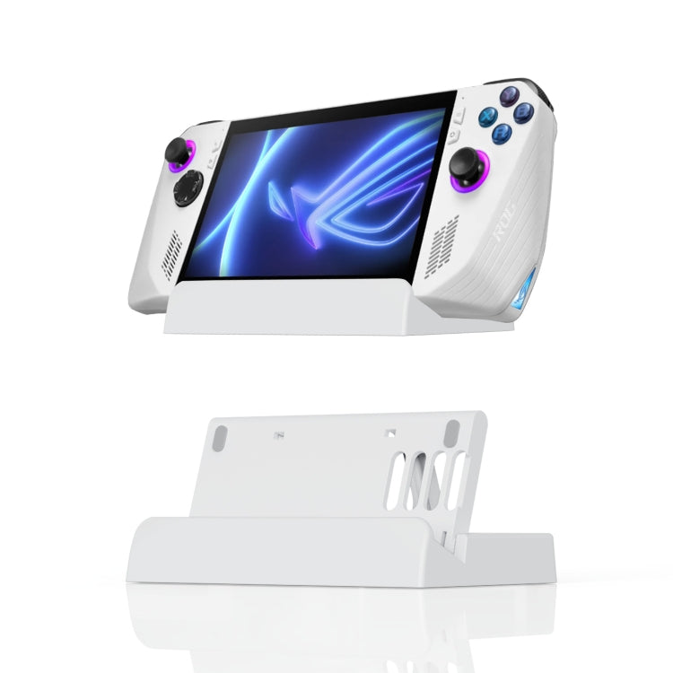 White handheld gaming stand with angled cradle for desktop placement