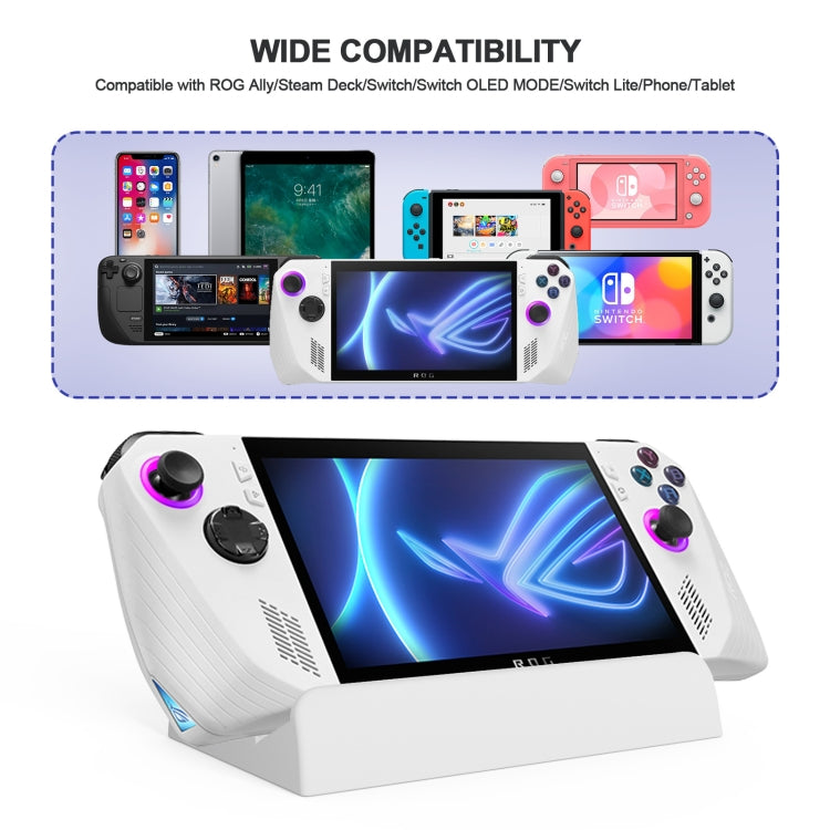 White gaming stand with wide cradle designed to fit handheld devices