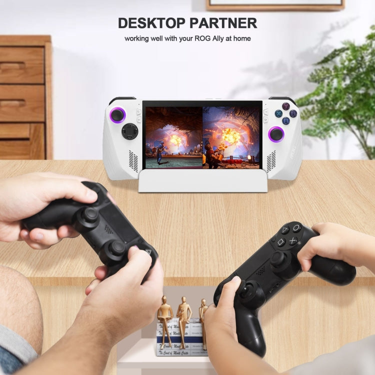 Gaming handheld stand on desk with controller use for tabletop play