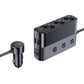 Car cigarette lighter USB charger with multiple outlets, USB ports, and compact design