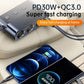 Compact car charger with PD and QC fast-charging ports and two connected cables