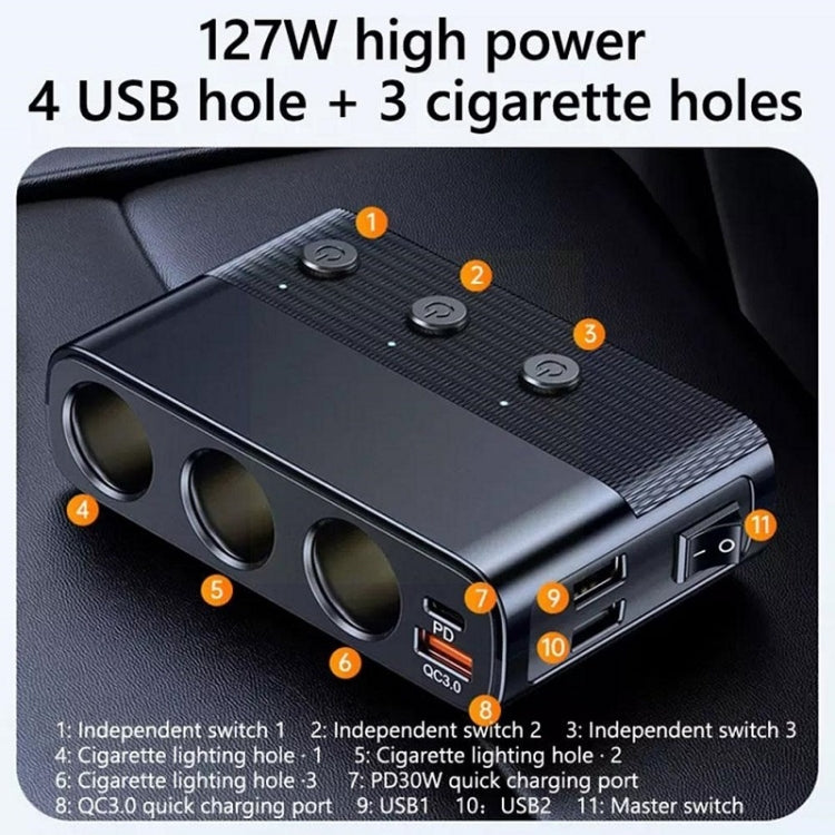 Black car cigarette lighter USB charger with USB ports and socket openings