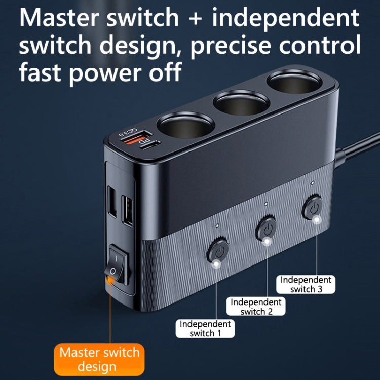 Car cigarette lighter USB charger with master switch and three independent switch controls