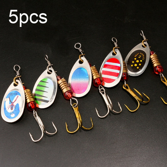 Assorted spinner lure set with 5 silver metal lures, colored oval plates and treble hooks