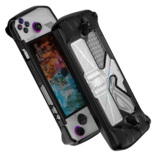 Protective game console case, black rugged frame with transparent TPU insert, diagonal view