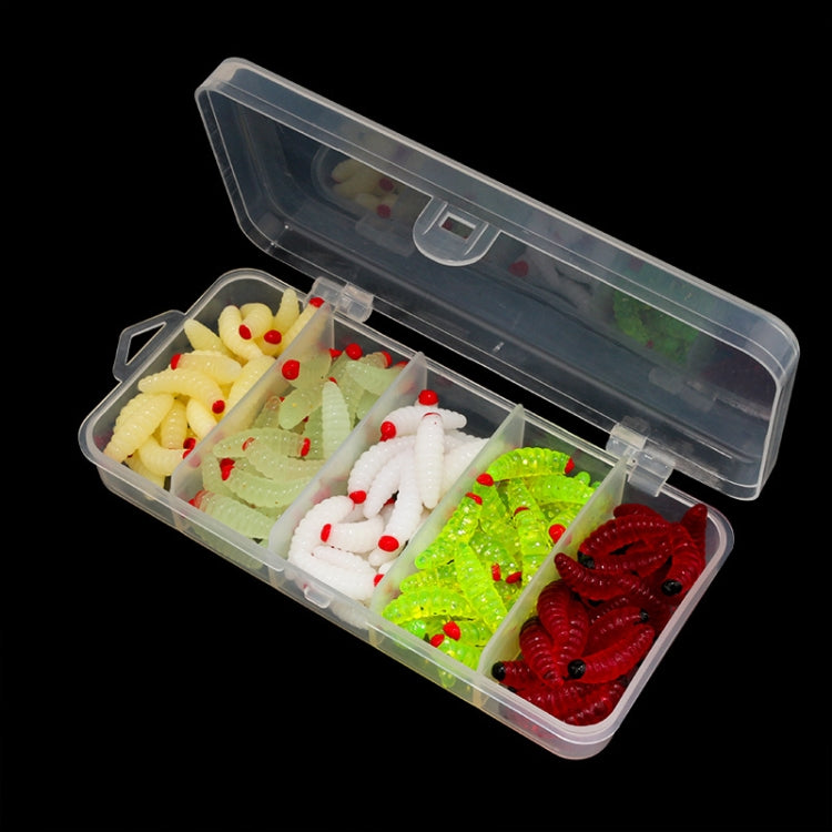 Plastic headed worm fake bait assortment in clear storage box, mixed colors