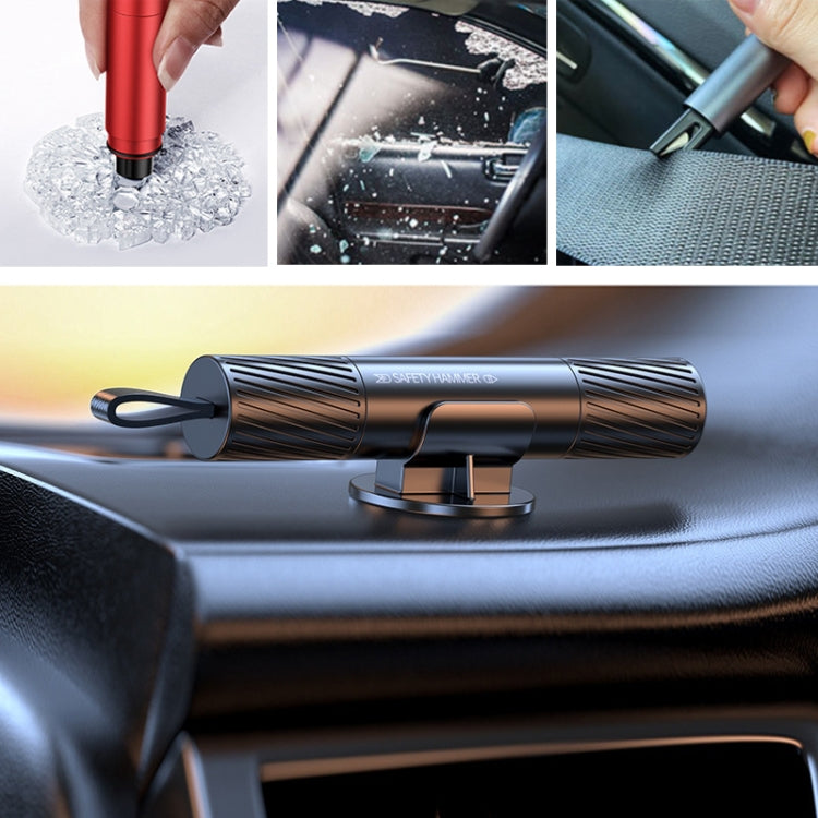 Silver vehicle safety escape hammer with U-shaped belt cutter and grip