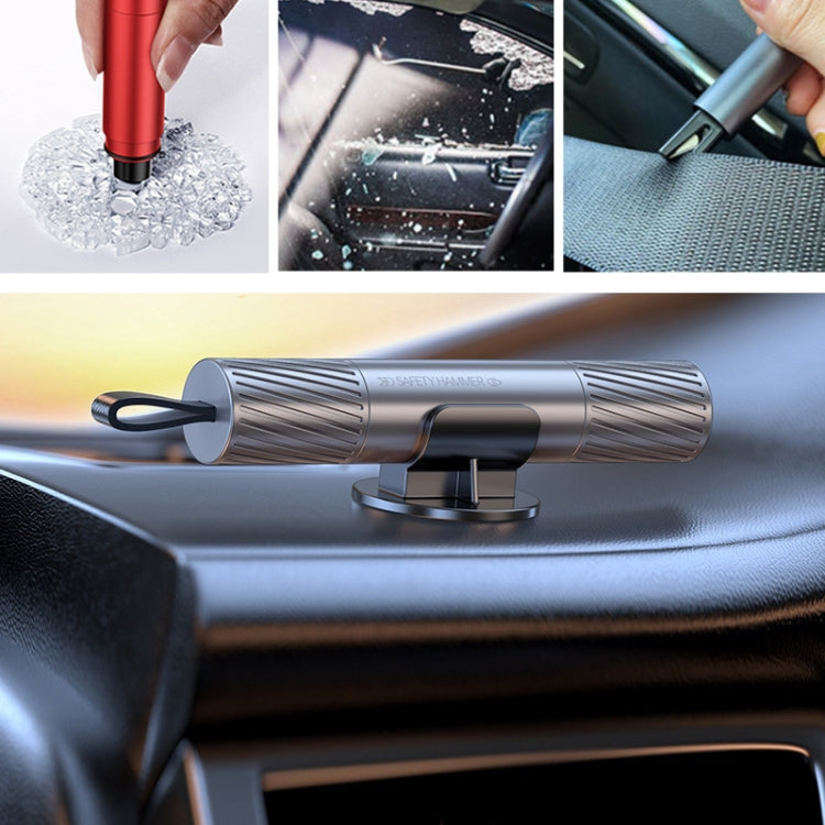 Silver car escape hammer mounted on console with U-shaped belt cutter