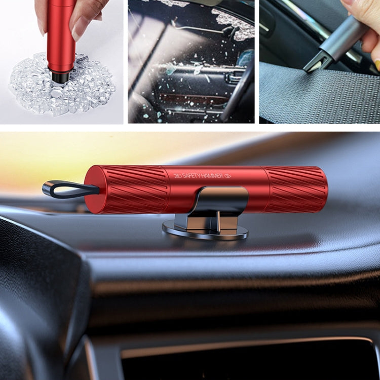 Red vehicle safety escape hammer with U-shaped belt cutter and base