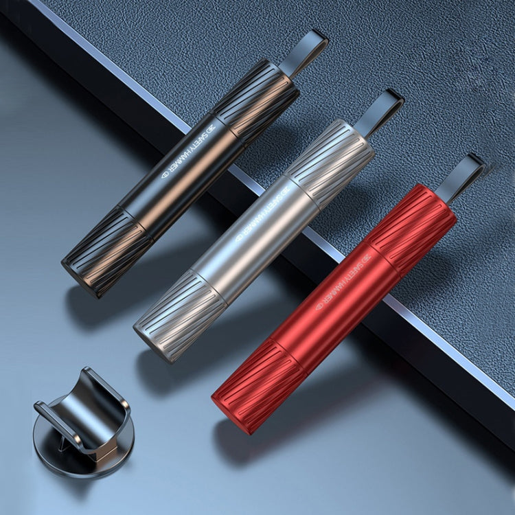 Black, silver, and red vehicle escape hammers with mounting base and tools