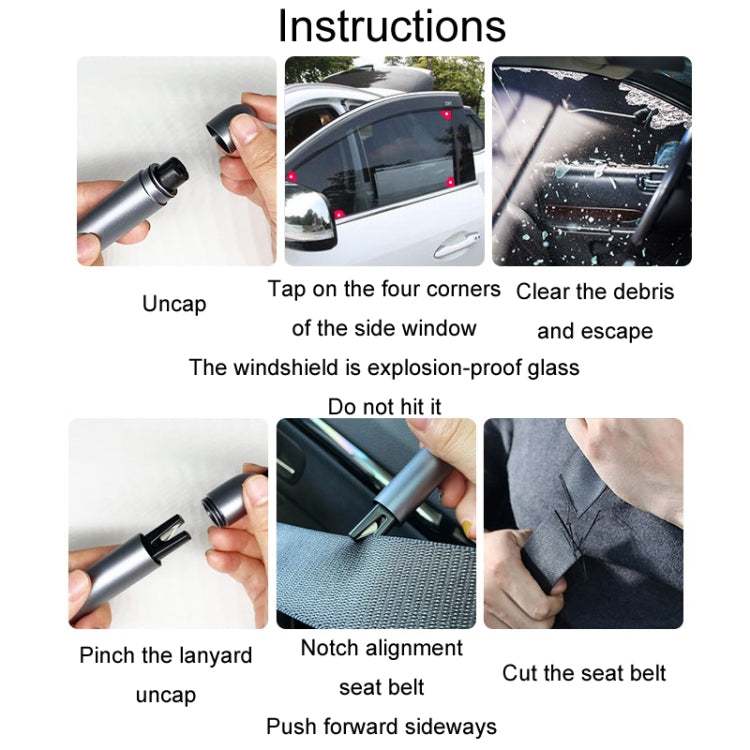 Instruction guide showing emergency escape hammer steps: uncap, notch, cut seat belt