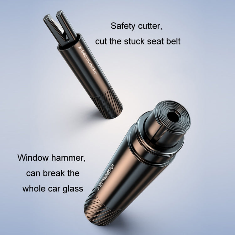 Black vehicle safety cutter and window hammer with U-shaped belt blade