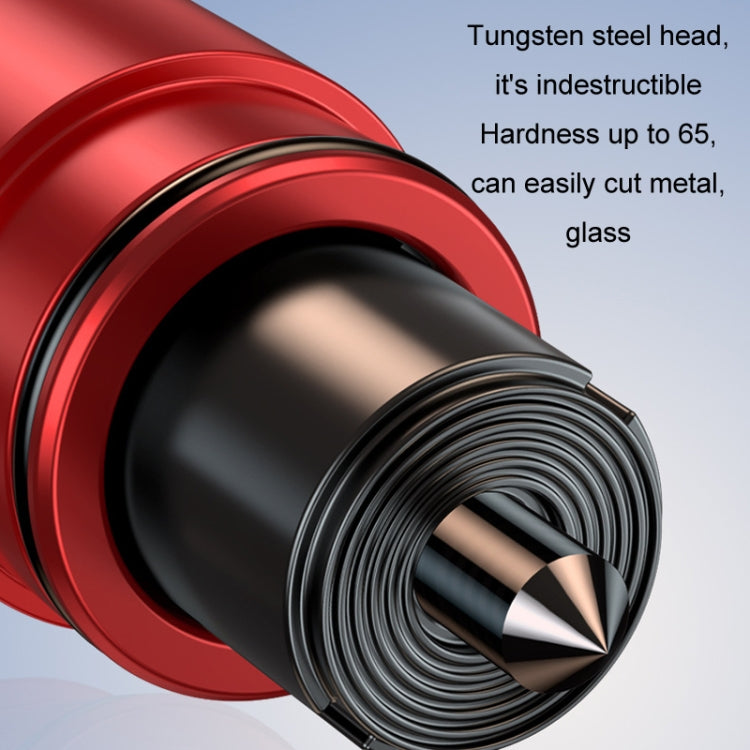 Close-up of red escape hammer with metal tungsten tip and spring housing