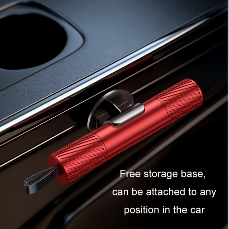 Red window escape hammer in car with included storage base for mounting