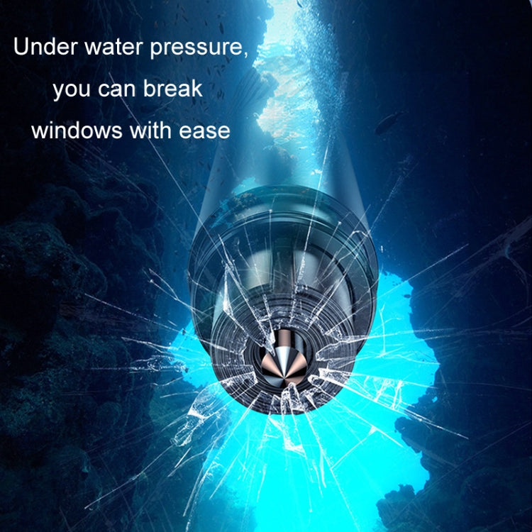 Water-resistant vehicle escape hammer with metal tip shown underwater