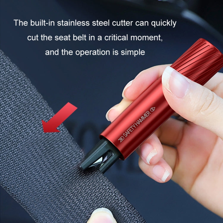 Red vehicle escape safety hammer with black base, shown breaking a seatbelt