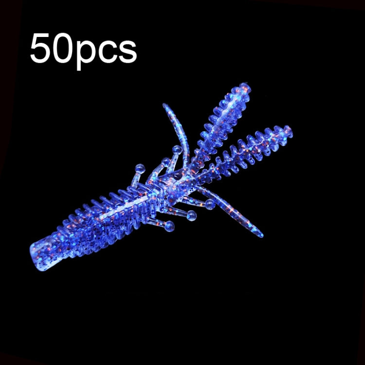 Set of 50 floating inverted shrimp baits, blue with glitter and multiple legs