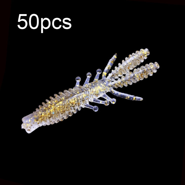 Set of 50 floating inverted shrimp baits, clear with gold speckles and multiple legs
