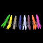 Assorted color shrimp-style soft fishing lures with ribbed bodies and dangling legs.