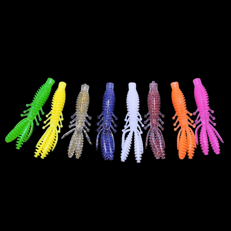 Assorted color shrimp-style soft fishing lures with ribbed bodies and dangling legs.