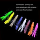 Assorted shrimp-style soft fishing lures in green, yellow, blue, white, purple, orange.