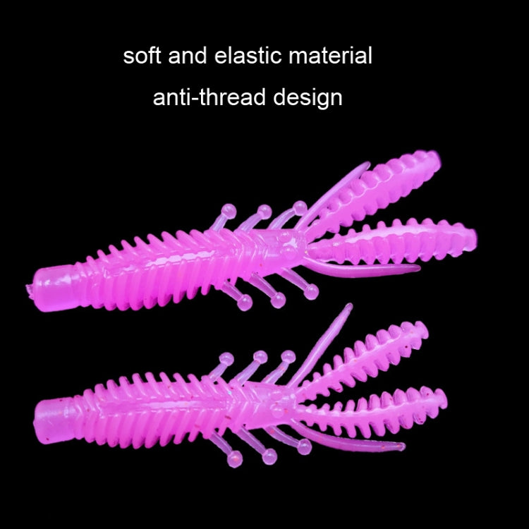 Two pink shrimp-style soft fishing lures with ribbed bodies and dangling legs.