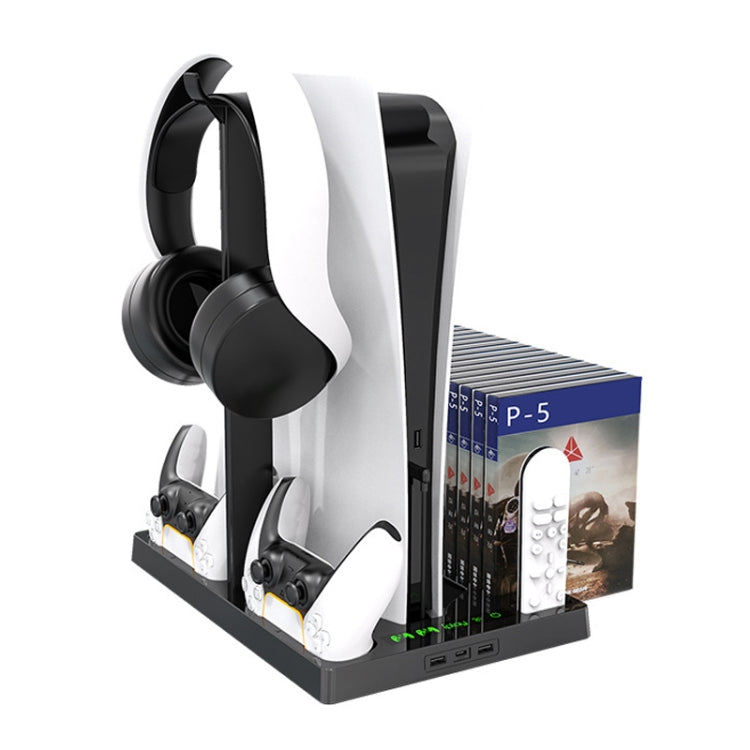 PS5 cooling stand with fan base, dual charging handles, and disc holder cradle