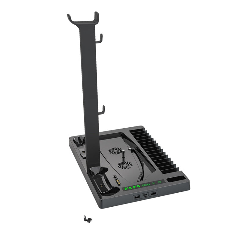 Cooling fan base stand with vertical bracket and vented top panel, front view
