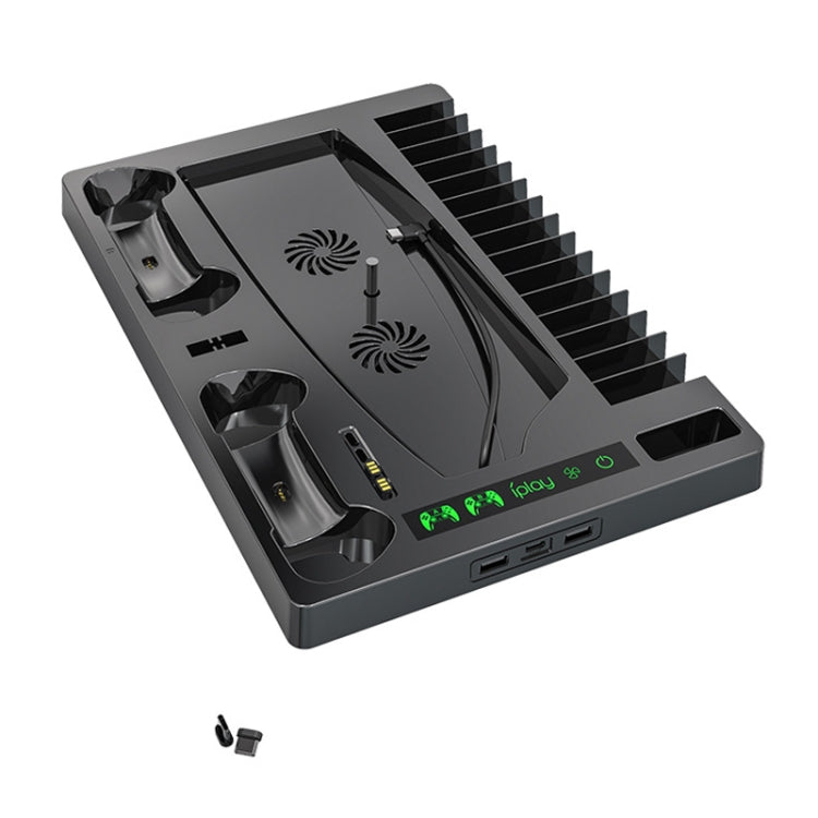 Vented cooling base with two charging slots, indicator LEDs, and USB-C port