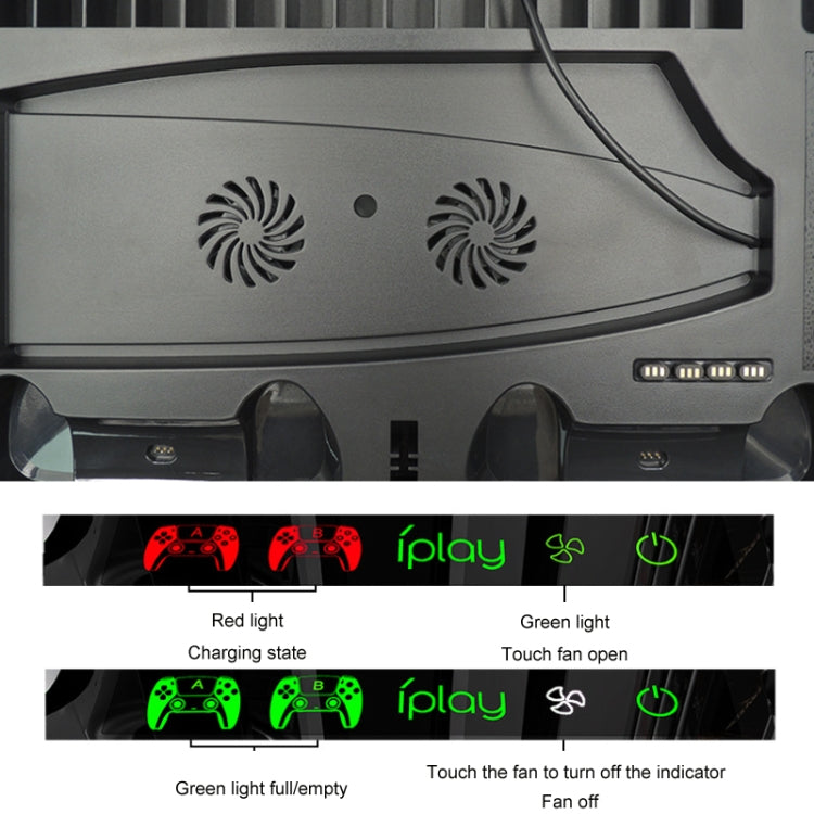 Close-up of cooling stand with dual fan vents and LED indicator panels