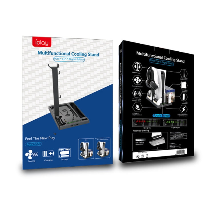 iPlay multifunctional cooling stand retail box showing the stand and key features