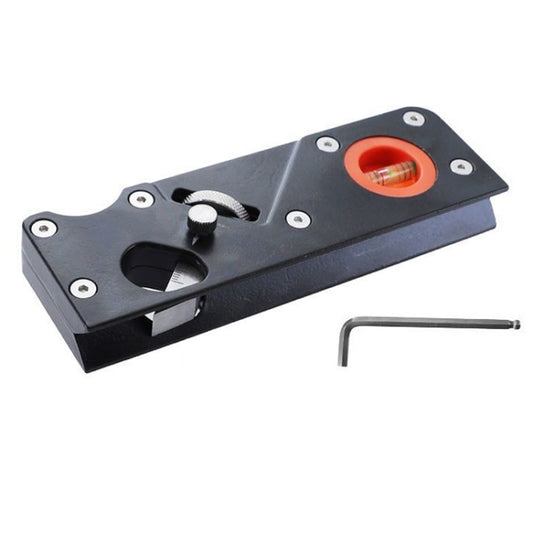 Black multi-angle hand planer chamfering tool with orange viewing window and depth adjuster.