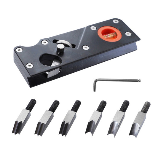 Black multi-angle hand planer with orange viewing window and set of spare blades shown.