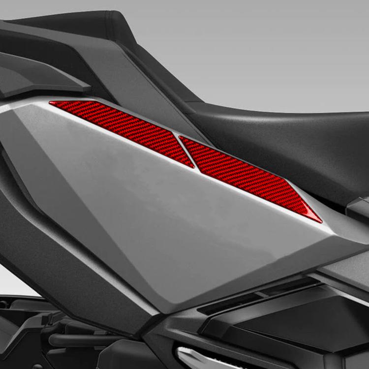 Rear side panel upper protectors installed; red carbon-fiber style set of panels