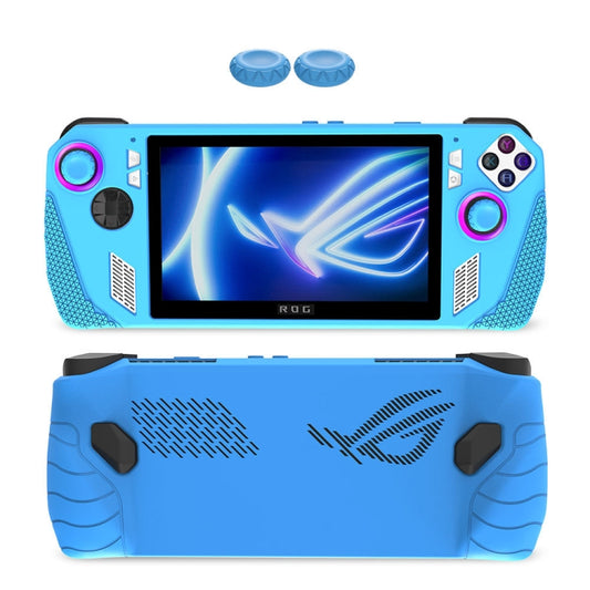 Light blue silicone gaming console case with multicolor button caps and vented grip design