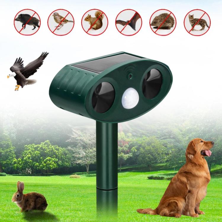Outdoor solar ultrasonic animal repellent with green twin speaker heads and LED indicator
