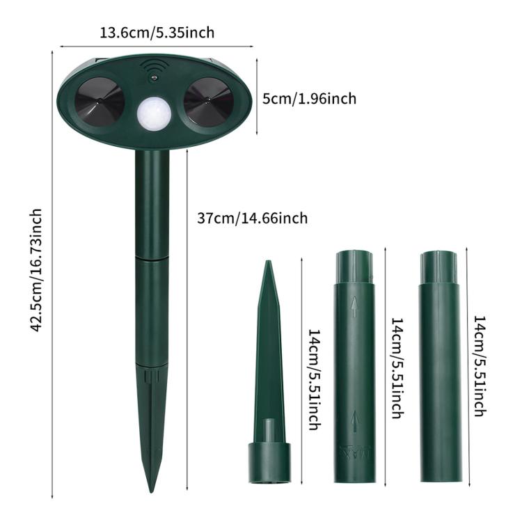 Green solar ultrasonic repellent with top twin vents and round LED lens, height diagram